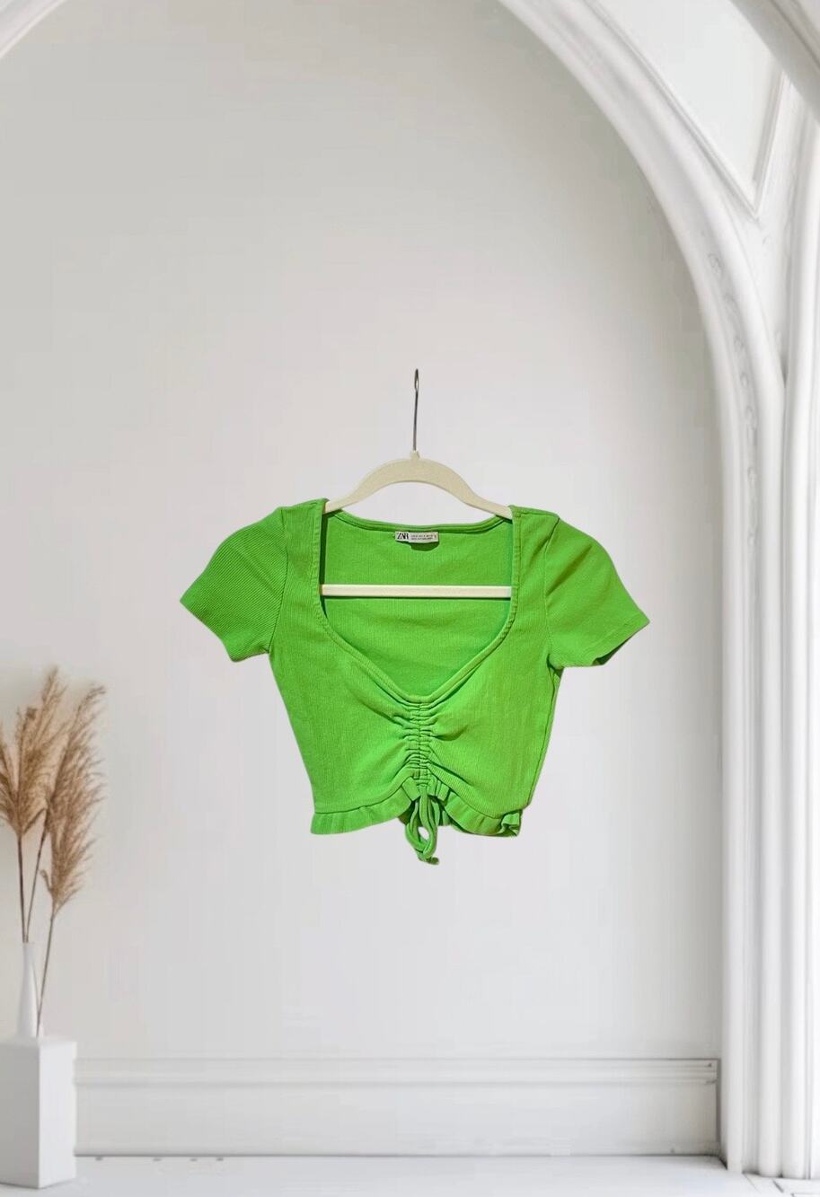Zara Cinched Front Crop Top Short Sleeve Shirt Neon Green Small